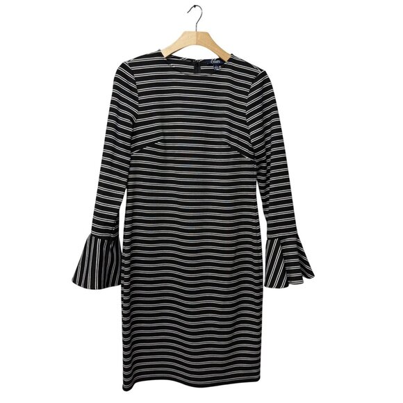 Size 6 Chaps Black White Stripe Ponte Knit Sheath Dress Flared Bell Sleeve - Picture 2 of 10